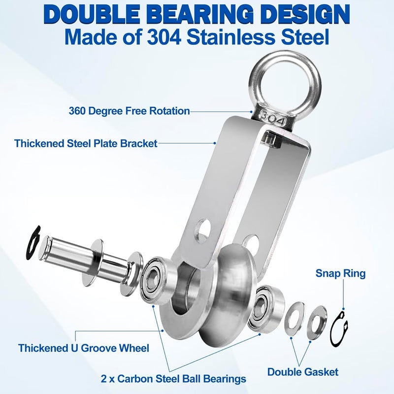 phepetroll Cable Pulley Wheel Stainless Steel, 4 Pack M34 Single Pulley Snatch Block, Heavy Duty Lifting Crane Swivel Hook, Bearing Inside Rope Pulleys for Lifting System Gym Equipment Clothesline, 551 lbs Load - Image 4
